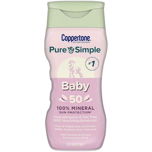 Coppertone Pure And Simple Sunscreen Spf 50 Lotion With Zinc Oxide Mineral For Babies, Tear Free, Water Resistant, Broad Spectrum, 6 Fl Oz Bottle (Pack Of 18)