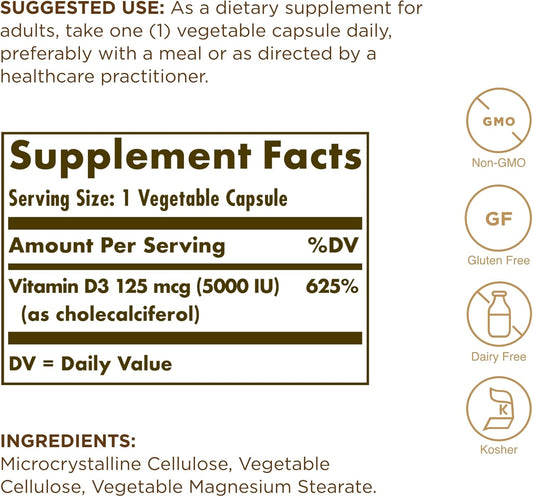 Solgar Vitamin D3 (Cholecalciferol) 125 mcg (5000 IU), 240 Vegetable Capsules - Pack of 2 - Help Maintain Healthy Bones & Teeth, Immune System Support - Non-GMO, Gluten Free - 480 Total Servings