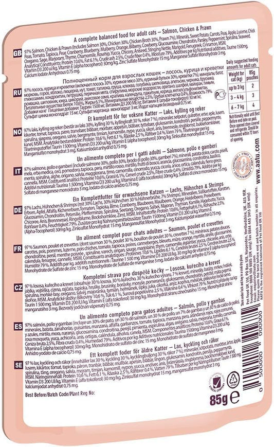 AATU 97/3 Wet Cat Food - Salmon - Chicken & Prawn (10x85g) - Grain Free Recipe with No Artificial Ingredients - Easy Tear Pouches?WACFC85