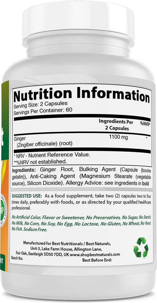 Best Naturals Ginger Root Capsules Supplement for Nausea and Motion Sickness, 550 mg, 120 Count