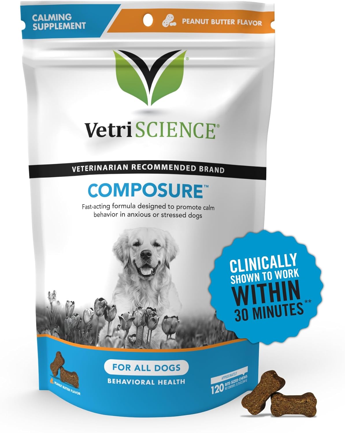 VetriScience Composure Calming Chews for Dogs - Clinically Proven Dog Anxiety Relief Supplement with Colostrum, L-Theanine & Vitamin B1 for Stress, Storms, Separation & More - 120 Peanut Butter Chews