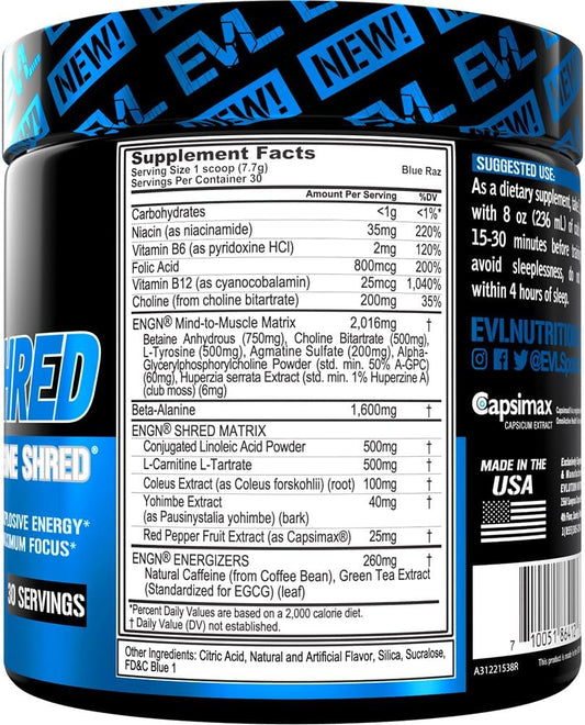 Evl Ultimate Pre Workout Powder - Thermogenic Fat Burn Support Preworkout Powder Drink For Lasting Energy Focus And Stamina - Engn Shred Intense Creatine Free Preworkout Drink Mix - Blue Raz