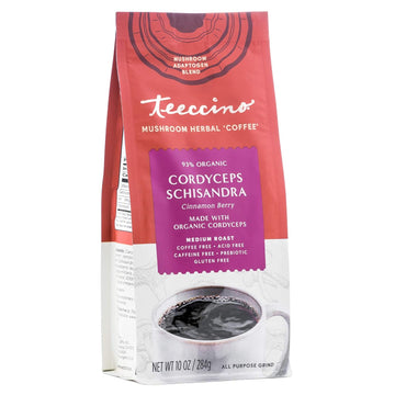 Teeccino Cordyceps Schisandra Coffee Alternative - Cinnamon Berry - Adaptogenic Herbal Mushroom Coffee, Caffeine-Free, Prebiotic, Acid-Free, Gluten-Free, All-Purpose Grind - 10 Oz