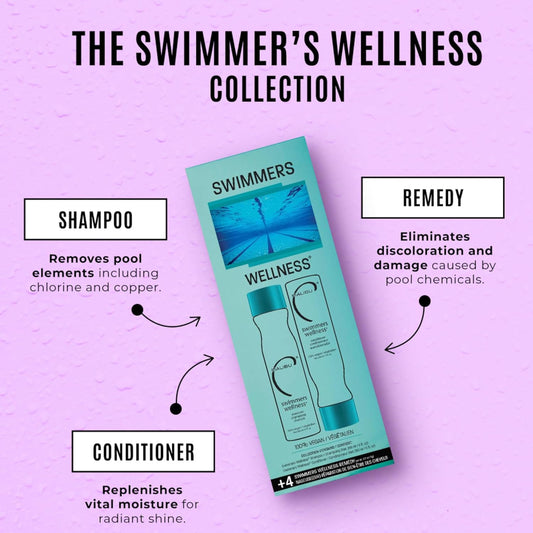 Malibu C Swimmers Wellness Collection - Swimmers Shampoo And Conditioner Set + Hair Mask Packets - Moisturizing, Shine Restoring Hair Care Kit - Protects Hair Discoloration From Pool Elements