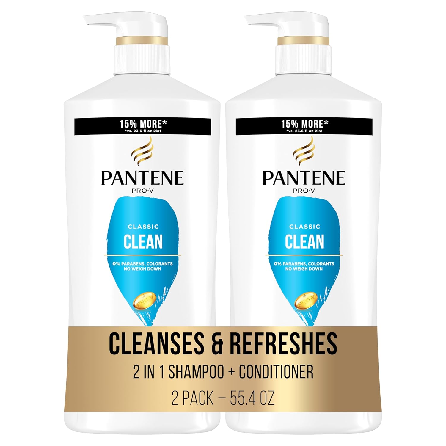 Pantene Classic Clean 2-In-1 Shampoo And Conditioner Set With Hair Treatment, Pro-V Nutrients For Dry, Color-Treated Hair, Long-Lasting Nourishment & Hydration Antioxidant-Rich,27.7 Fl Oz Each, 2 Pack