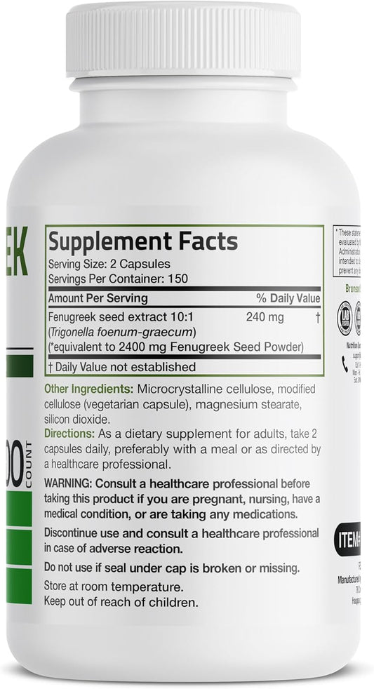 Bronson Fenugreek Seed Powder Capsules Extra Strength, Trigonella Foenum-Graecum, Non-Gmo, Soy-Free, Vegetarian, 300 Capsules