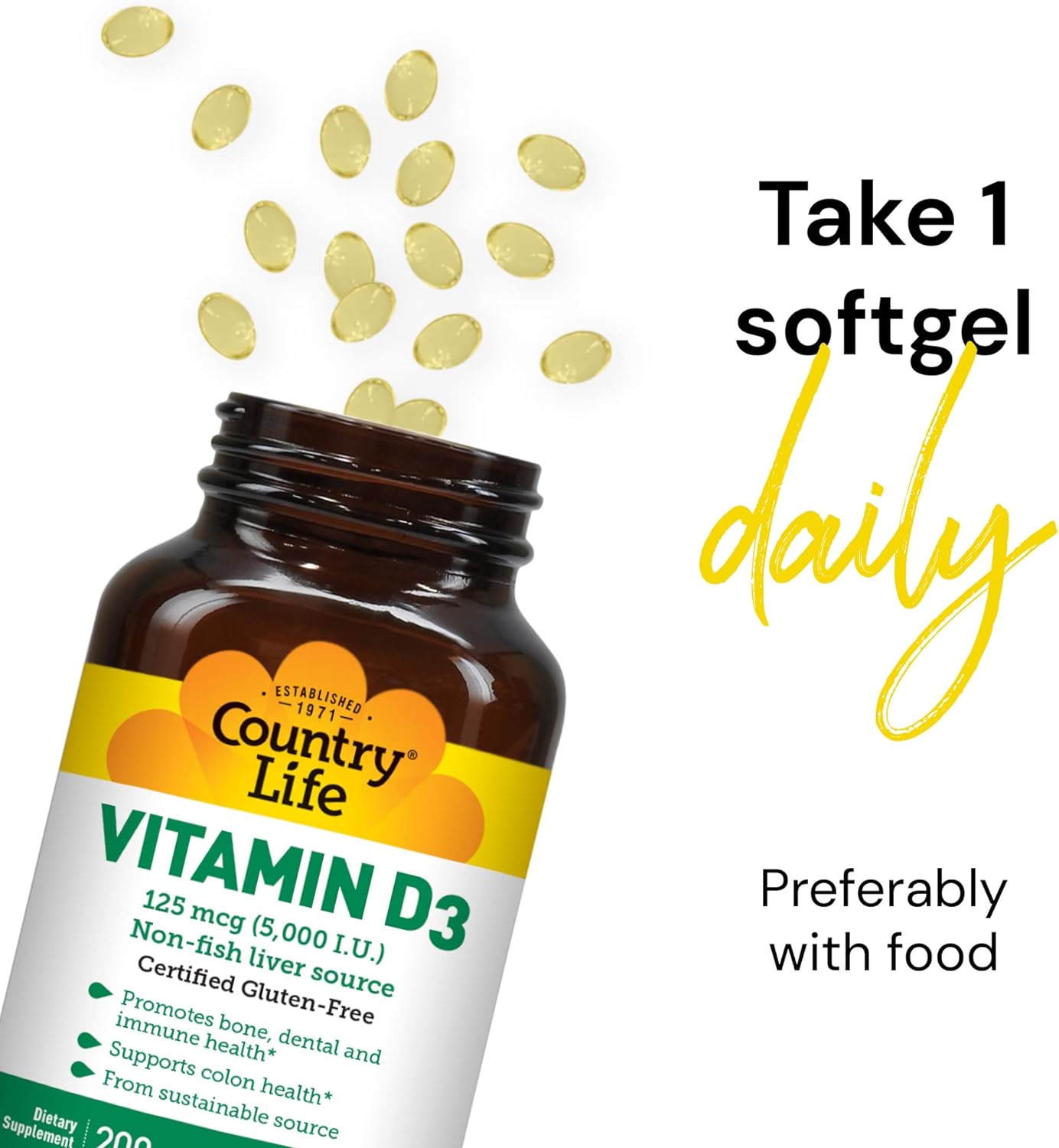Country Life, Vitamin D3 5000 IU, Supports Healthy Bones, Teeth and Immune System, Daily Supplement, 200 ct : Health & Household