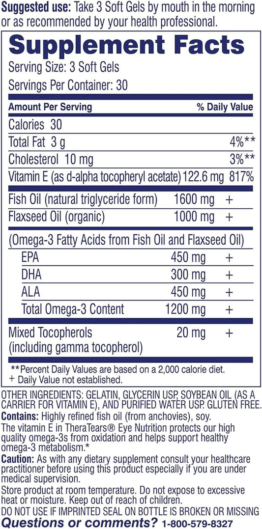 TheraTears 1200mg Omega 3 Supplement for Eye Nutrition, Organic Flaxse