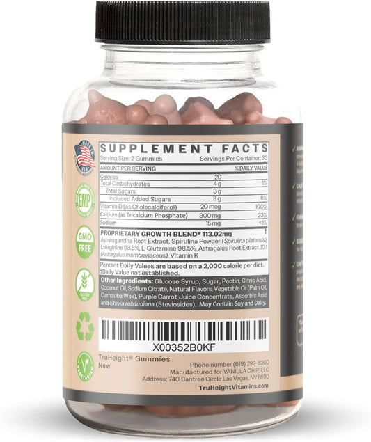 Truheight Growth Gummies (Grape) Natural Growth & Development Supplement For Kids & Teens - Vitamin D, K, Calcium & Ashwaganda - Bone Strength Vitamins - Picky Eater Vitamin For Kids - Ages 5+