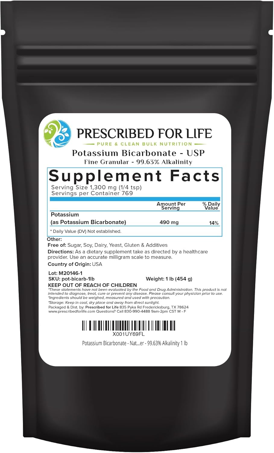 Prescribed For Life Potassium Bicarbonate Powder | Pure Usp & Food Grade Potassium Bicarbonate For Plants, Winemaking, & Baking | Crystalline Powder | 39% K | 1 Lb