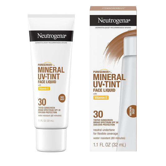 Neutrogena Purescreen+ Tinted Sunscreen For Face With Spf 30, Broad Spectrum Mineral Sunscreen With Zinc Oxide And Vitamin E, Water Resistant, Fragrance Free, Medium Deep, 1.1 Fl Oz