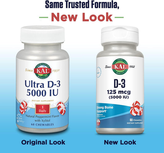 Kal Vitamin D3 5000 Iu 125 Mcg, High Potency Vitamin D Chewables, Calcium Absorption, Bone Health And Immune Support Supplement, Natural Peppermint Flavor, 60-Day Guarantee, 60 Servings, 60 Chews