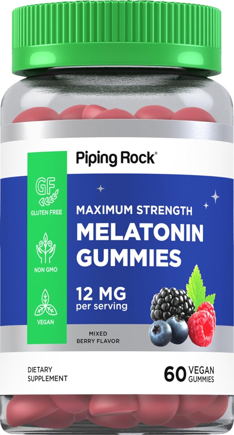 Piping Rock Melatonin Gummies 12mg | 60 Count | Maximum Strength | Berry Flavor | Vegan, Non-GMO, Gluten Free Supplement