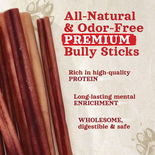 Natural Farm Odor-Free Bully Sticks (12”, 8oz) All-Natural Long-Lasting Chews, 100% Beef Pizzle, Grass-Fed, Grain-Free, Hormone-Free, Protein for Muscle Development & Energy, Perfect for Large Dogs