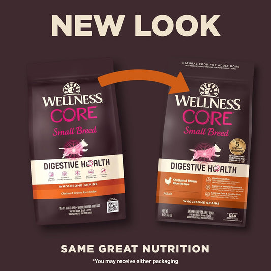 Wellness Core Digestive Health Dry Dog Food With Wholesome Grains, Highly Digestible, For Dogs With Sensitive Stomachs, Made In Usa With Real Protein (Small Breed, Chicken & Brown Rice, 4-Pound Bag)