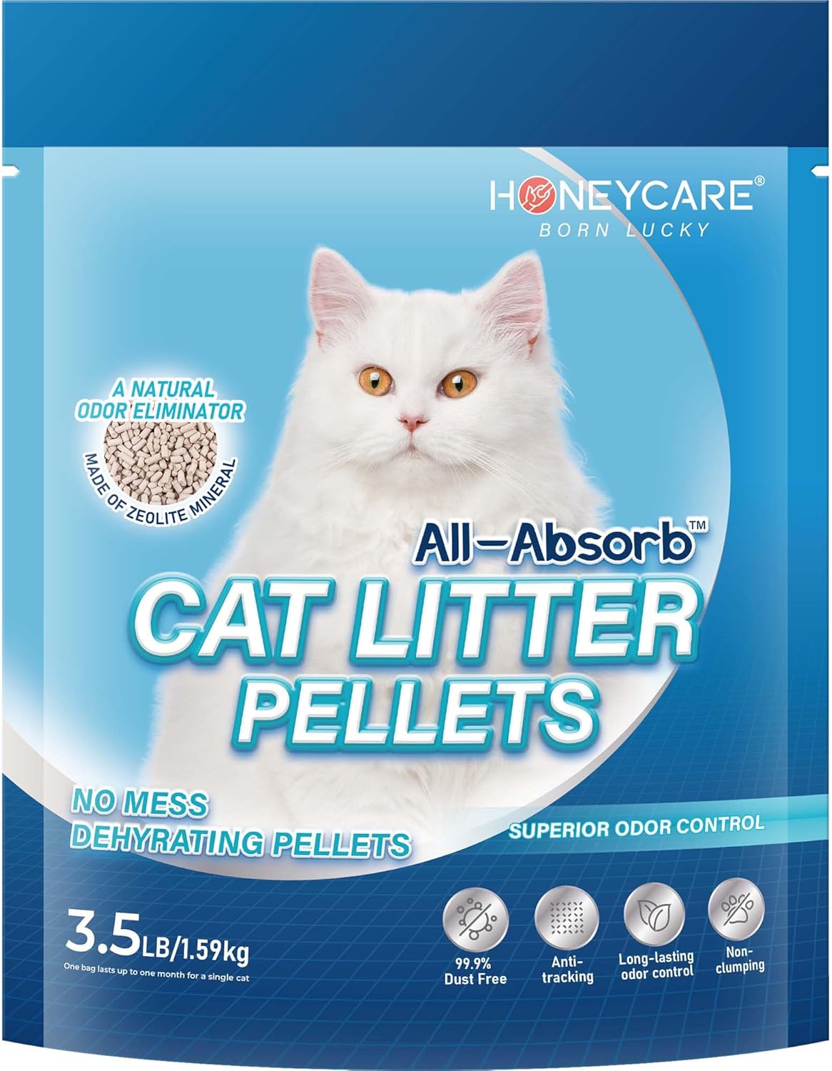 Honeycare All-Absorb Cat Litter Pellets, Zeolite, Long-Lasting Odor Control Non-Climping Litter, 3.5 Lbs Pack