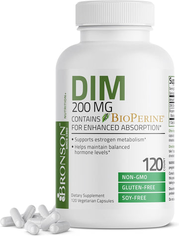 Bronson Dim Supplement 200 Mg Diindolymethane With Bioperine For Enhanced Absorption, Estrogen Metabolism & Maintains Balanced Hormone Levels, 120 Vegetarian Capsules