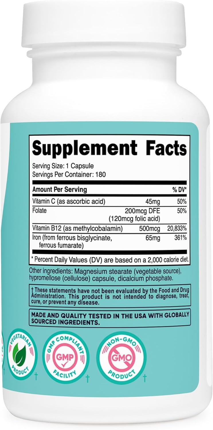 Nutricost Iron for Women 65mg, 180 Capsules, with Vitamin C, Folate, & Vitamin B12 - Vegetarian Friendly, Non-GMO, Gluten Free : Health & Household