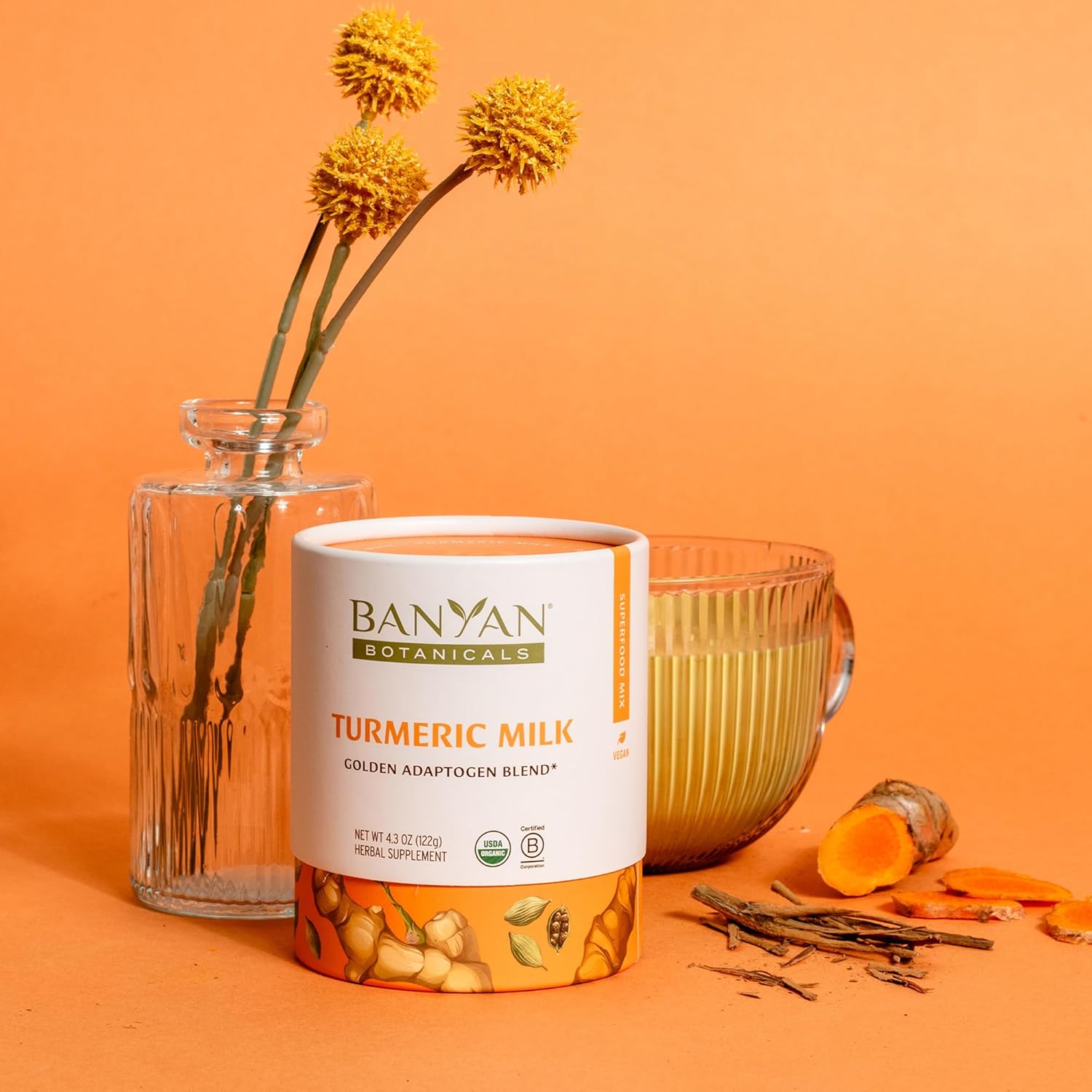 Banyan Botanicals Turmeric Milk – Organic Turmeric Latte Mix With Ashwagandha & Cardamom – Instant Caffeine Free Golden Milk With Maple Sugar – 4.3 Oz, 26 Servings –Non Gmo Sustainably Sourced Vegan