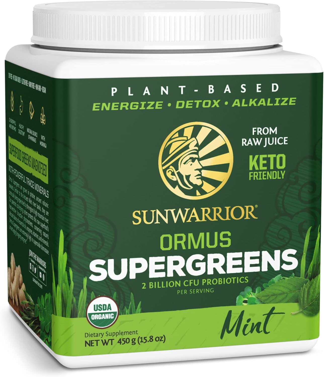 Sunwarrior Vegan Organic Greens Probiotic Powder | 2 Billion Cfu Probiotics Organic Raw Juice Soy Free Gluten Free Dairy Free Sugar Free Kosher | Mint 90 Servings | Ormus Supergreens