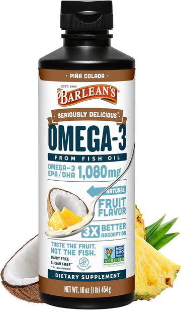 Barlean'S Omega 3 Fish Oil Liquid Supplement With Vitamin D For Men And Women, Pina Colada, 1080Mg Epa And Dha Fatty Acid, 16 Oz