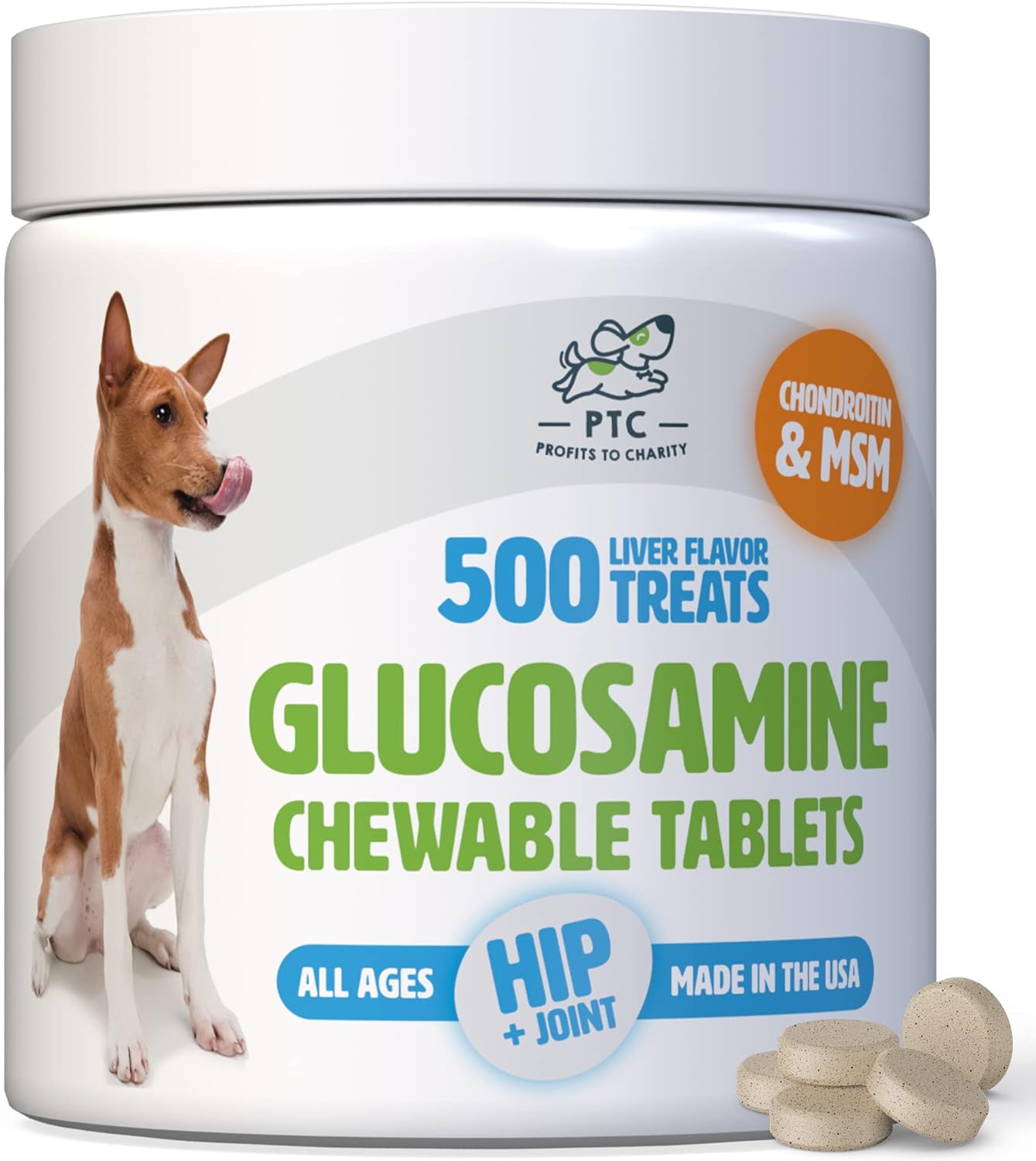 Glucosamine for Dogs with Chondroitin and MSM - Hip and Joint Supplement for Dog Mobility Support and Arthritis Pain Relief - 500 Chewable Tablet Treats by PTC - Profits to Charity