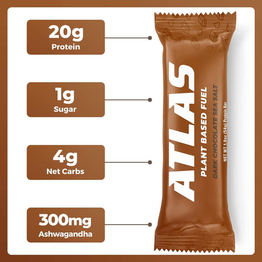 Atlas Protein Bar, 20G Plant Protein, 1G Sugar, Clean Ingredients, Gluten Free Dark Chocolate Sea Salt, 12 Count (Pack Of 2)