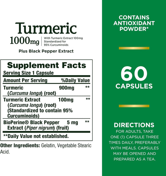 Nature'S Bounty Turmeric With Black Pepper Extract, Supports Antioxidant Health, 1000Mg, 60 Capsules