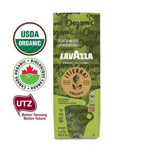 Lavazza ¡Tierra! Organic Ground Coffee Premium Blend 12 Oz. - 340g Authentic Italian, USDA Organic, Canada Organic, UTZ & Euro Leaf Organic certified - 100% sustainably grown 100% Arabica