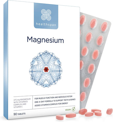 Healthspan Magnesium 375Mg | Everyday Support For Muscles & Nervous System | Added B Vitamins Complex | Added Benefits For Your Bones, Teeth & Energy Levels | Vegan (90 Tablets)