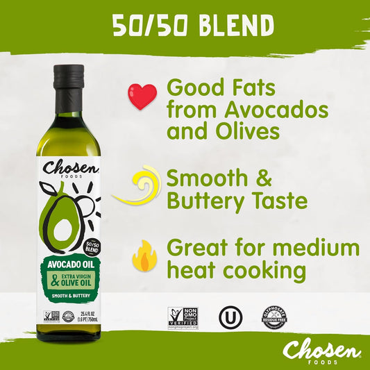 Chosen Foods 50/50 Blend 100% Pure Avocado, Extra Virgin Olive Oil – Non-Gmo Blend Oil For Medium-Heat Cooking, Baking, Frying, 25.4 Fl Oz