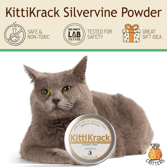 KittiKrack Organic Silvervine Catnip Powder Substitute for Cats & Kittens | All-Natural Wild Harvested Silvervine Powder | 3 Individual 5-Gram KittiKrack Powder Packs | 15g