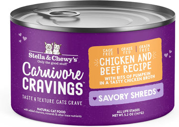 Stella & Chewy'S Carnivore Cravings Savory Shreds Cans – Grain Free, Protein Rich Wet Cat Food – Cage-Free Chicken & Grass-Fed Beef Recipe – (5.2 Ounce Cans, Case Of 24)