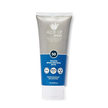 Aloe Up Sport Sunscreen Lotion SPF 50 - Broad Spectrum UVA/UVB Sunscreen Protector for Face and Body - With Hydrating Aloe Vera Gel - Non-Greasy - No White Cast - Reef Safe - Fragrance-Free - 3 Oz
