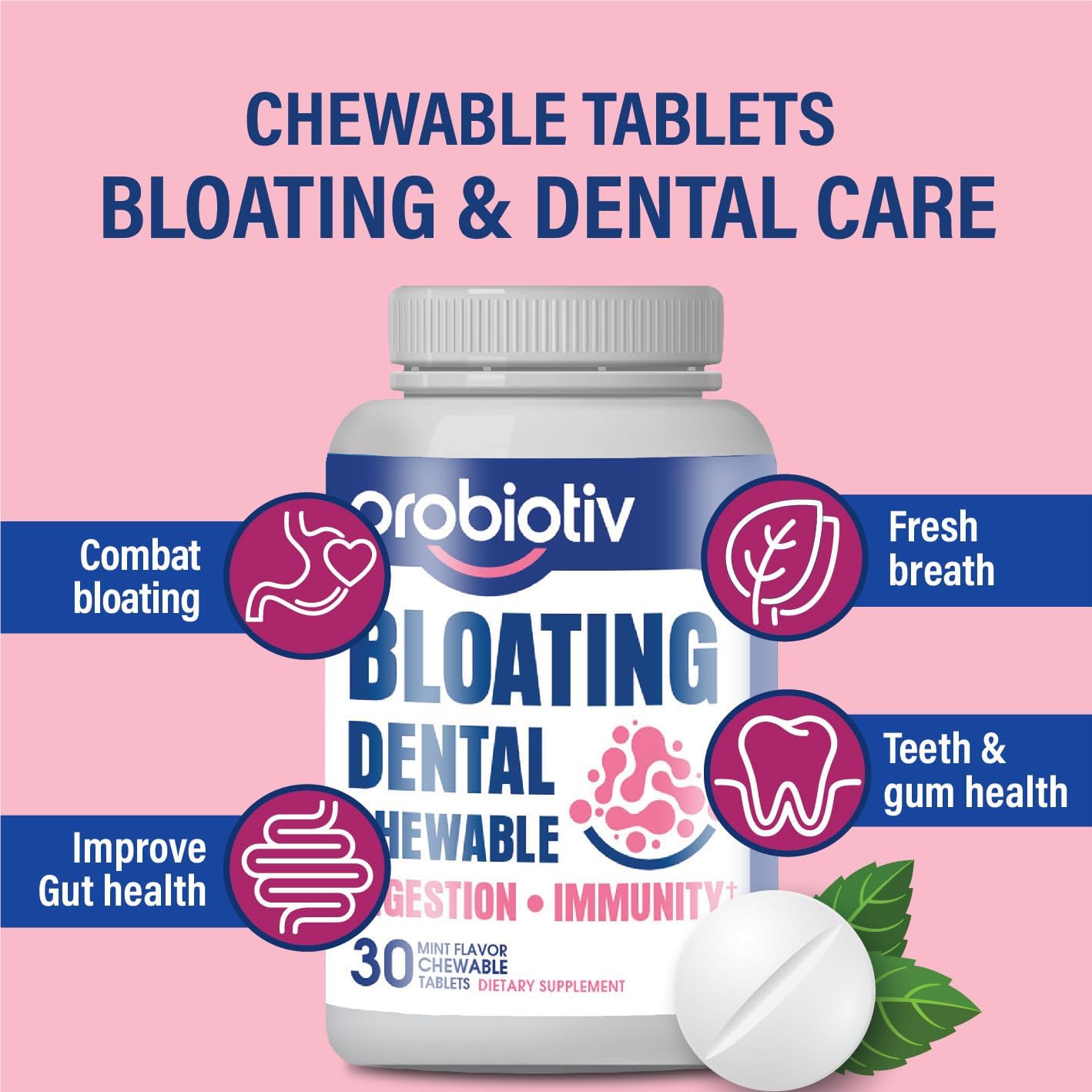 Probiotiv Chewable Probiotics for Daily Bloating w/ 5 Billion CFU – “Two-in-One Combo” Digestive Enzymes for Bloating/Gas Discomfort & Dental Probiotics for Teeth & Gums Health - 30 Mint Tablets : Health & Household