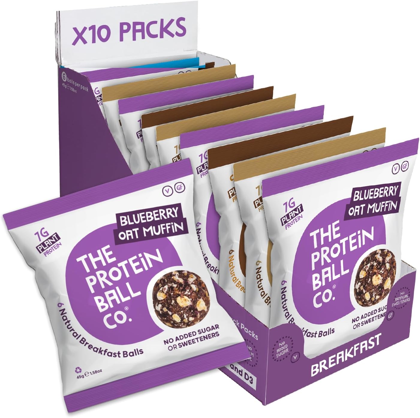 Protein Balls Breakfast Mixed Variety Pack By The Protein Ball Co - 100% Natural, Plant Based, Vitamin Enriched, Protein Snacks - 10 X 45G Bags - High Fibre, Gluten Free, No Added Sugar