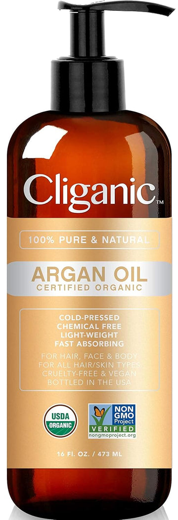 Cliganic Organic Argan Oil 16Oz With Pump, 100% Pure | Bulk For Hair, Face & Skin