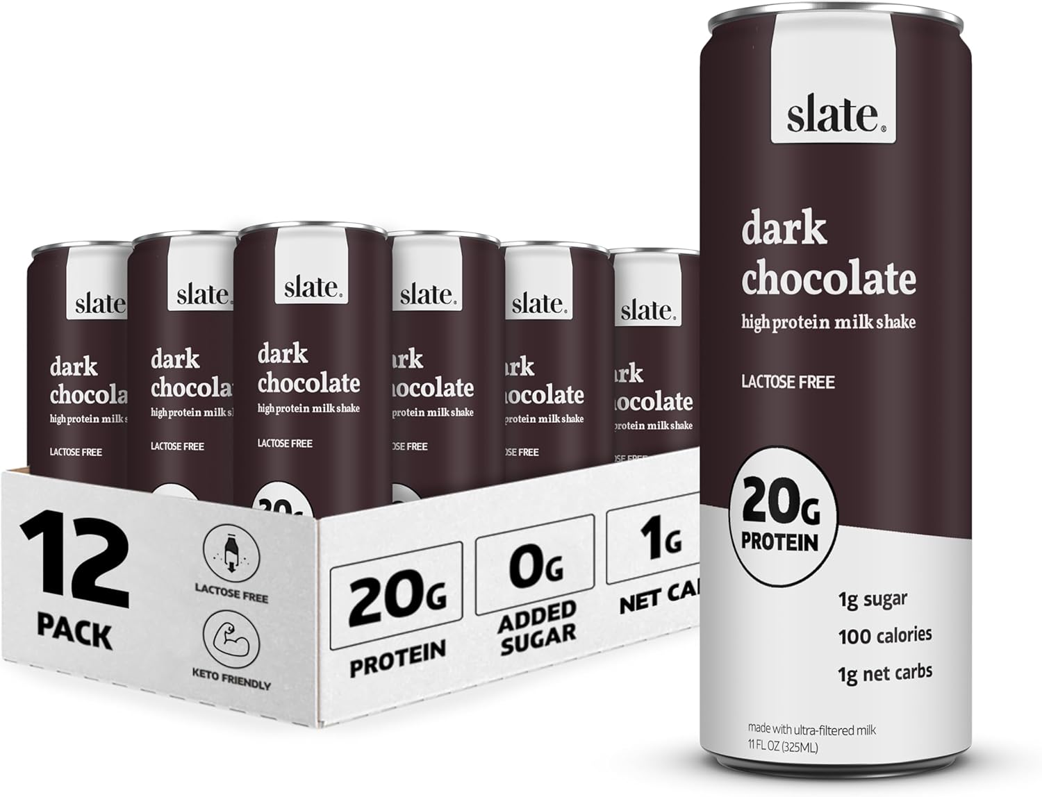 Slate Milk - High Protein Milk Shake - Dark Chocolate - Lactose Free, 20G Protein, 1G Sugar, 100 Calories, 1G Net Carbs, No Added Sugar - Natural, Breakfast Boost, Post Workout - 11 Fl Oz, 12 Cans