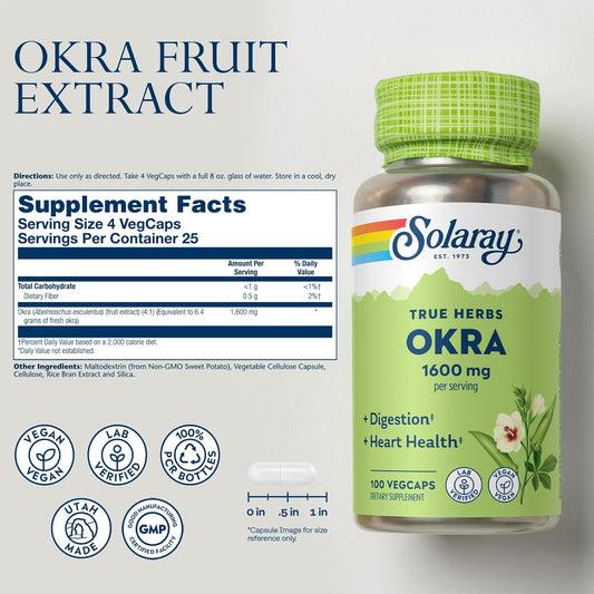 Solaray Okra Fruit 1600 Mg - Healthy Digestion, Regularity And Heart Health Support Supplement - Soluble Fiber - Lab Verified, Vegan, 60-Day Guarantee - 25 Servings, 100 Vegcaps