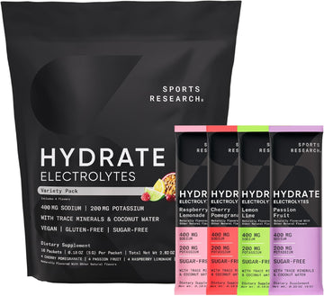 Sports Research Hydrate Electrolytes Powder Packets - Sugar-Free & Naturally Flavored With Vitamins, Minerals, And Coconut Water - Supports Hydration - 16 Packets - Variety Pack