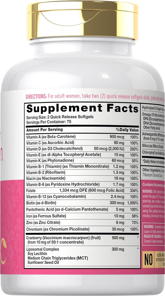 Carlyle Multivitamin for Women | 150 Softgels | Liposomal Vitamin with Iron | Hydrolyzed Collagen & Biotin | Non-GMO, Gluten Free Supplement