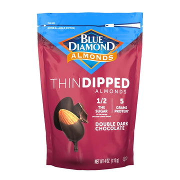 Blue Diamond Almonds, Dark Chocolate Sea Salt Caramel Covered Thin Dipped Snack Nuts For Guilt-Free Snacking With Half The Sugar, Perfect For Gathering, Holidays, Or Craving A Sweet Treat, 4Oz. Resealable Bag