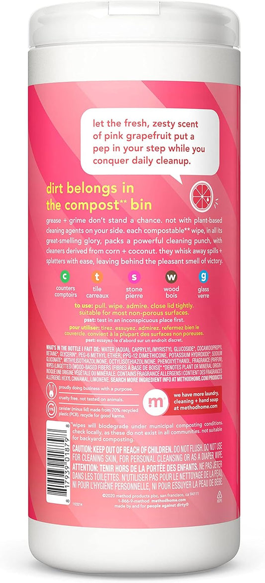 Method All-Purpose Cleaning Wipes, Pink Grapefruit, Multi-Surface, Compostable, 30 Count (Pack Of 6)