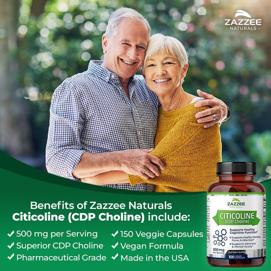 Zazzee Extra Strength Citicoline, 500 Mg Per Serving, 100 Vegan Capsules, Superior Cdp Choline Form, 100% Vegetarian And Pharmaceutical Grade, 50-Day Supply, All-Natural And Non-Gmo