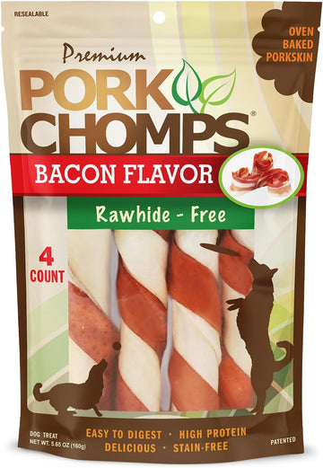 Pork Chomps Baked Pork Skin Dog Chews, 6-Inch Twists, Bacon Flavor Wrap, 4 Count