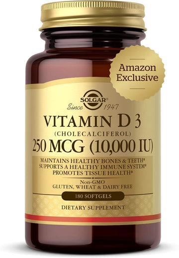 Solgar Vitamin D3 Cholecalciferol 250 Mcg 10000 Iu Softgels Helps Maintain Healthy Bones Teeth Immune System Support Non Gmo Gluten, Dairy Free Servings, 180 Count