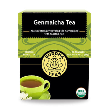 Buddha Teas - Organic Genmaicha Green Tea - For Health & Wellbeing - Herbal Tea - With Antioxidants & Minerals - Clean Ingredients - Caffeinated - Ou Kosher & Organic - 18 Tea Bags (Pack Of 1)