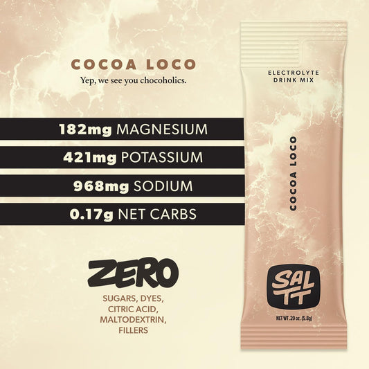 Saltt Electrolytes Powder Flavored Drink Mix - Cocoa Loco - 30 Hydration Packets - Magnesium, Potassium, Sodium, Trace Minerals - Zero Sugar & Gluten Free - Travel Essentials - By Keto Chow