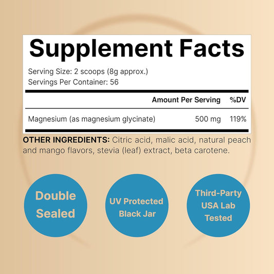 Magnesium Glycinate Powder For Sleep & Relaxation, 1Lb (16Oz) | 500Mg Chelated For High Absorption | Peach Mango Flavor | Muscle & Bone Support | Sugar-Free, Bitterless, Non-Gmo, Vegan