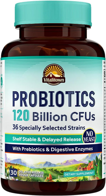 Vitalitown Probiotics 120 Billion Cfus | 36 Strains, With Prebiotics & Digestive Enzymes For Men Women | Shelf Stable | Digestive Health & Immune Support | Vegan, Non-Gmo | 30 Delayed Release Veg Caps